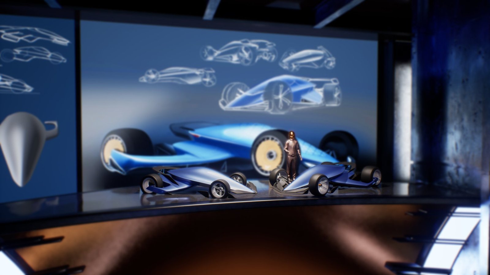Scale models in front of the sketch wall
