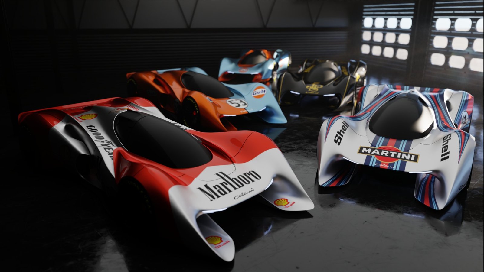 Colani racing prototypes lined up in the hangar
