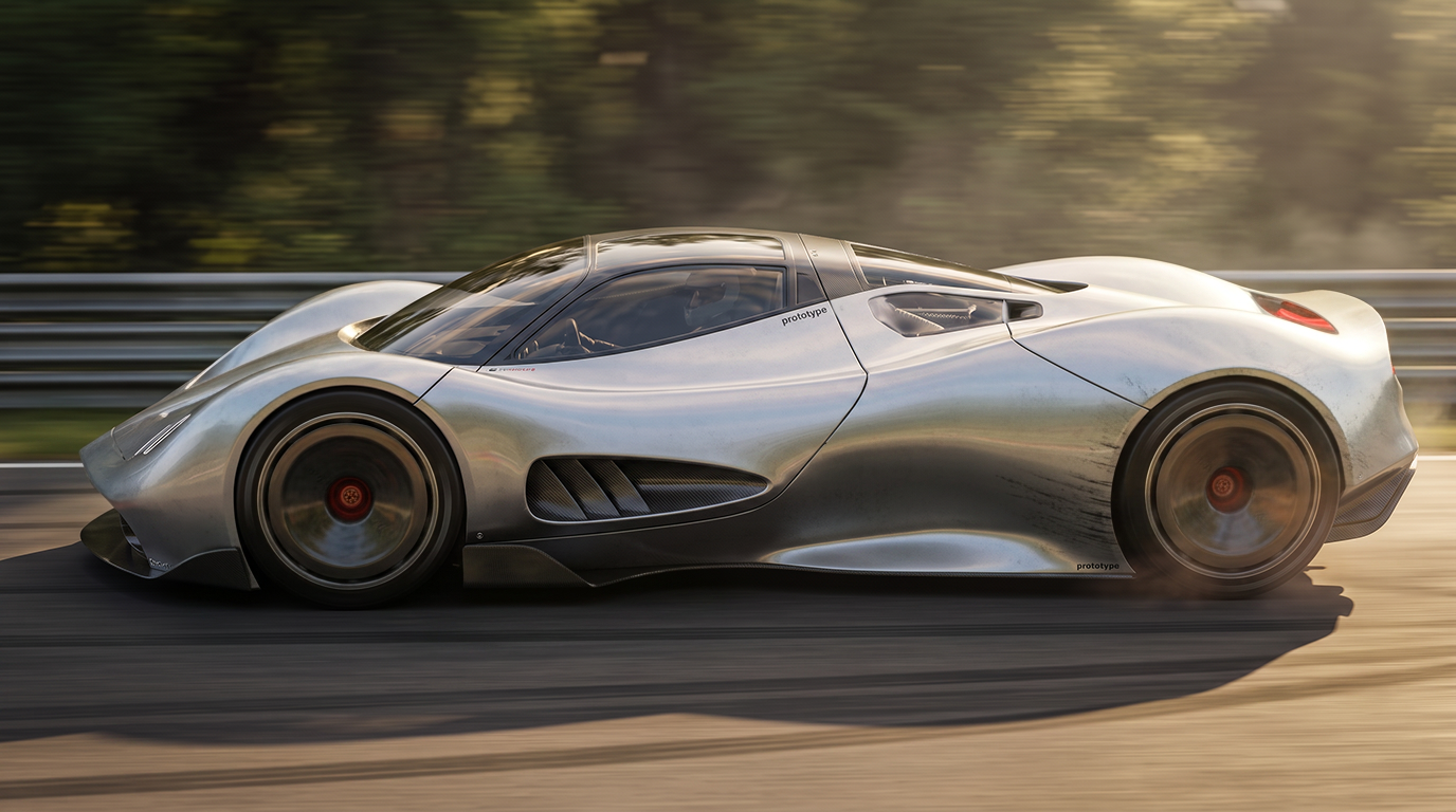 Pagani surface study, silver prototype side view on track